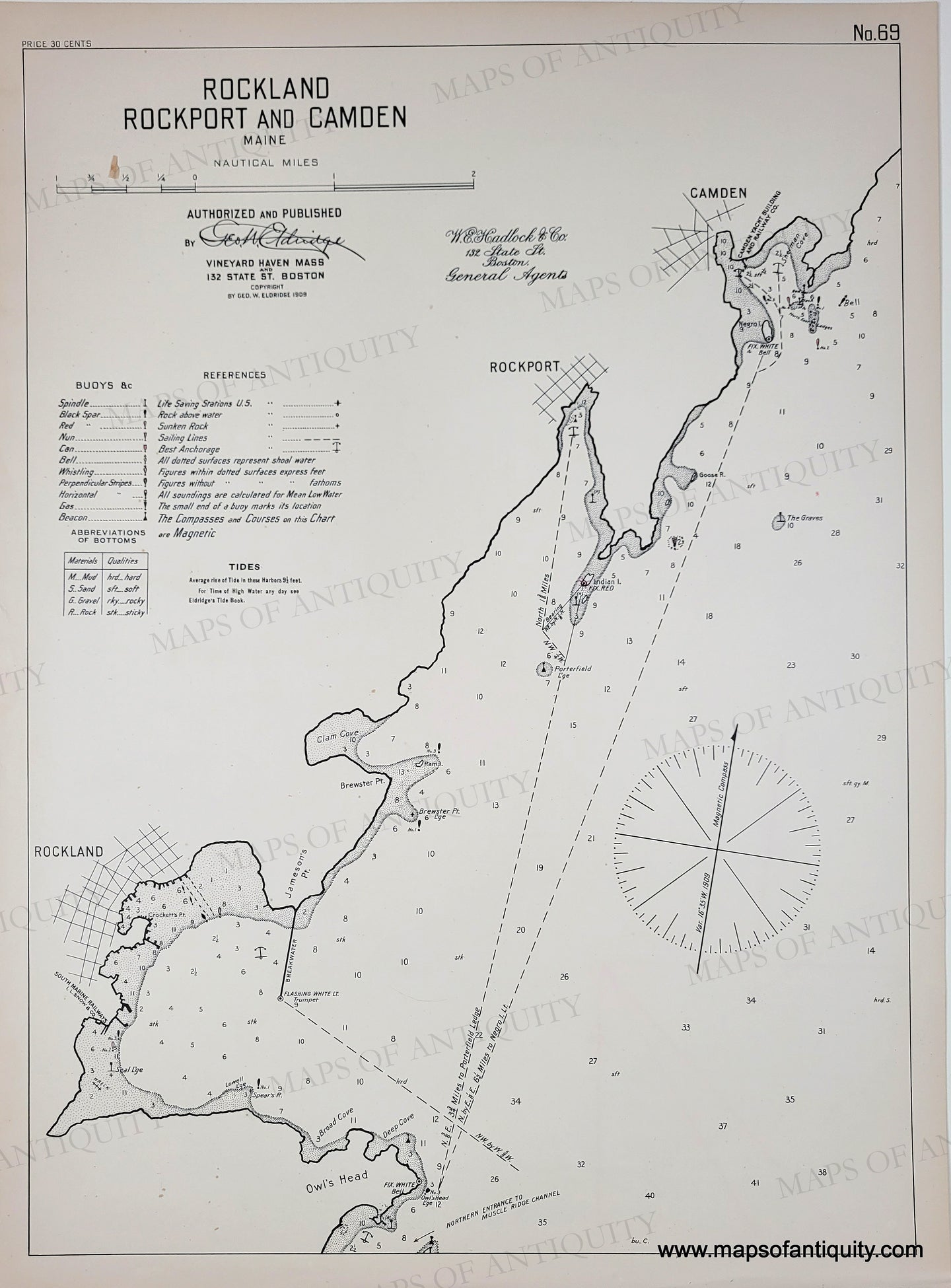 Antique sailing map of Rockland, Rockport, and Camden with navigational details. Black-and-White-Antique-Nautical-Chart-Rockland-Rockport-and-Camden-Maine-United-States-Northeast-c.-1915-Eldridge-Maps-Of-Antiquity