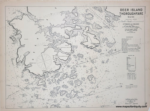 Black and white sailing chart of Deer Island Thoroughfare, Maine with text and coordinates. Antique-Map-Deer-Island-Thoroughfare-Maine-Eldridge-Harbor-Nautical-Chart-Maps-of-Antiquity-1909