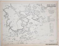 Black and white sailing chart of Deer Island Thoroughfare, Maine with text and coordinates. Antique-Map-Deer-Island-Thoroughfare-Maine-Eldridge-Harbor-Nautical-Chart-Maps-of-Antiquity-1909