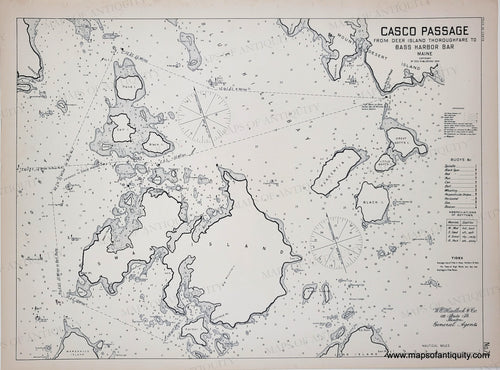 Black and white coastal sailing chart of the area near swan island Maine, south of Mount Desert Island. MAI022-Antique-Map-Deer-Island-Thoroughfare-Maine-Eldridge-Harbor-Nautical-Chart-Maps-of-Antiquity-1909