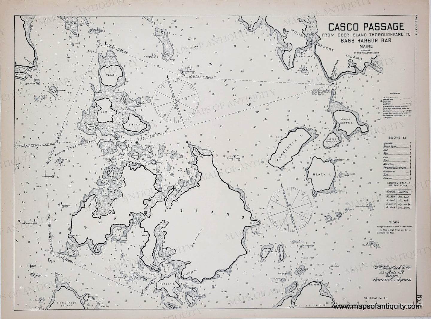 Black and white coastal sailing chart of the area near swan island Maine, south of Mount Desert Island. MAI022-Antique-Map-Deer-Island-Thoroughfare-Maine-Eldridge-Harbor-Nautical-Chart-Maps-of-Antiquity-1909