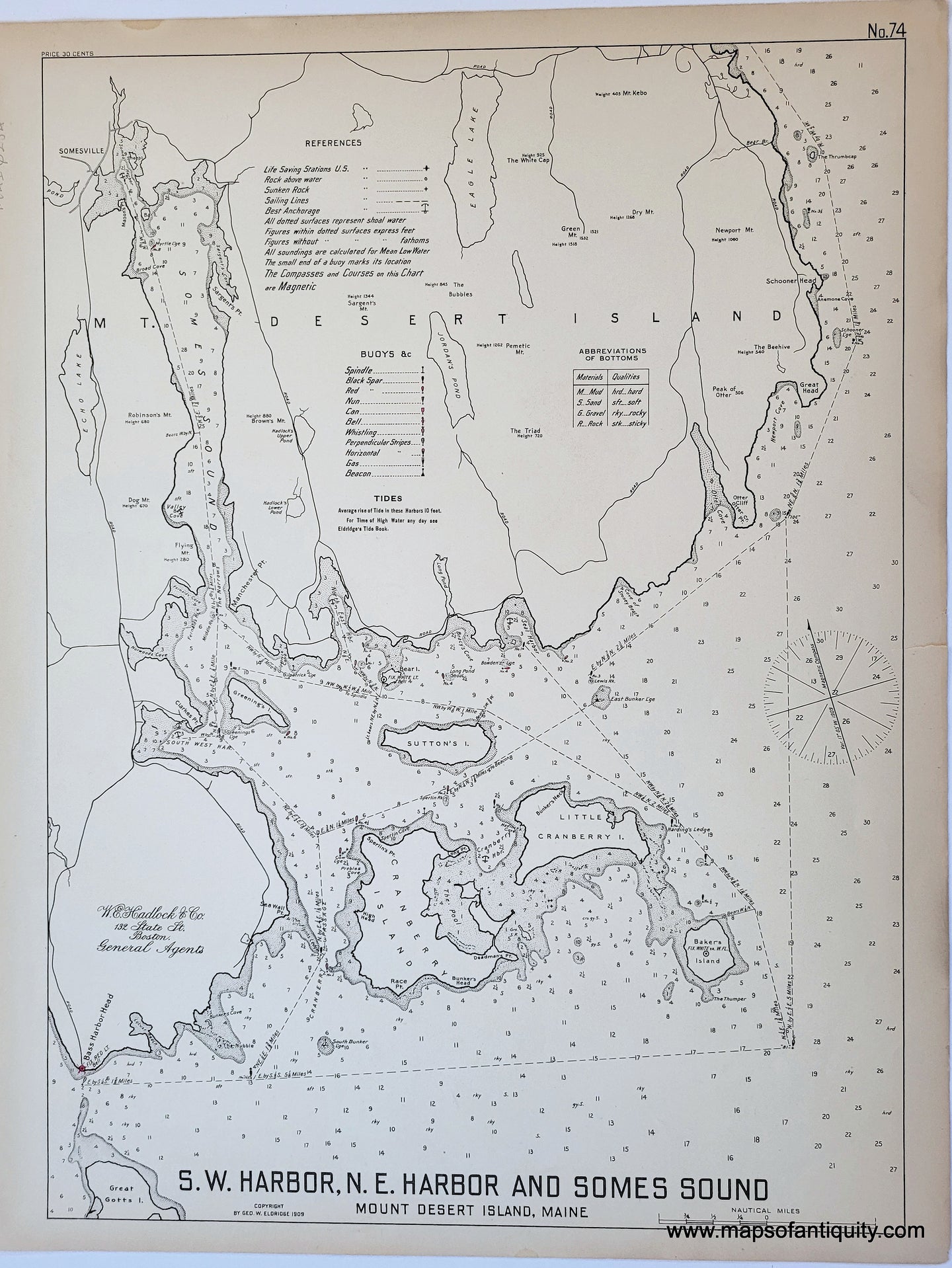 Antique-Map-chart-S.W.-Harbor-N.E.-Harbor-and-Somes-Sound-Mount-Desert-Island-Maine-Eldridge-1909