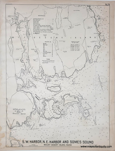 Antique map of S.W. Harbor, N.E. Harbor, and Somes Sound on Mount Desert Island, Maine. black and white chart with tiny red light buoys