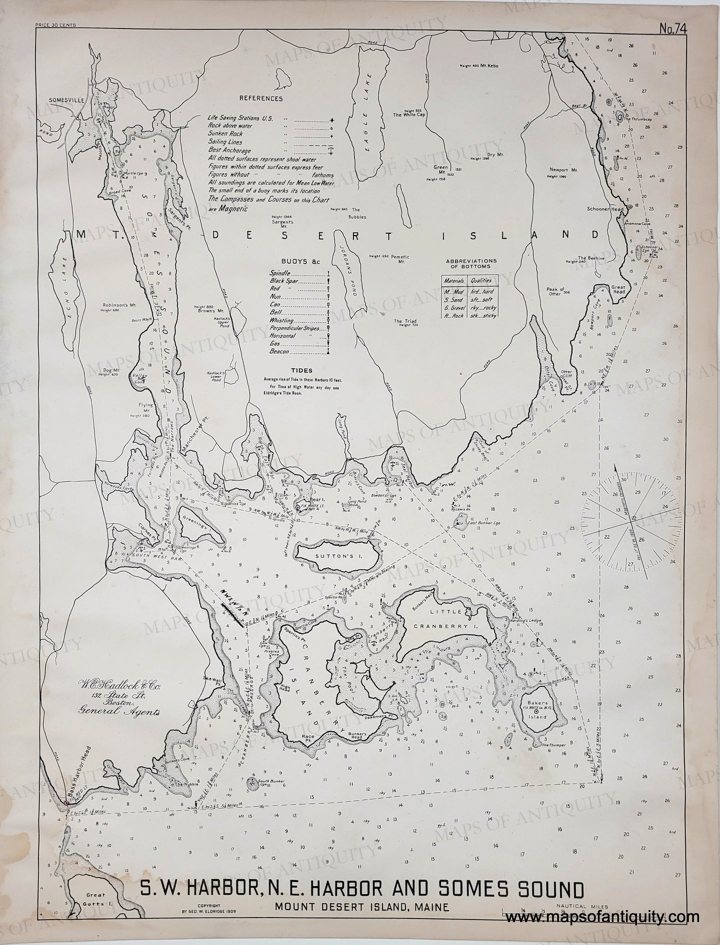 Antique map of S.W. Harbor, N.E. Harbor, and Somes Sound on Mount Desert Island, Maine. black and white chart with tiny red light buoys