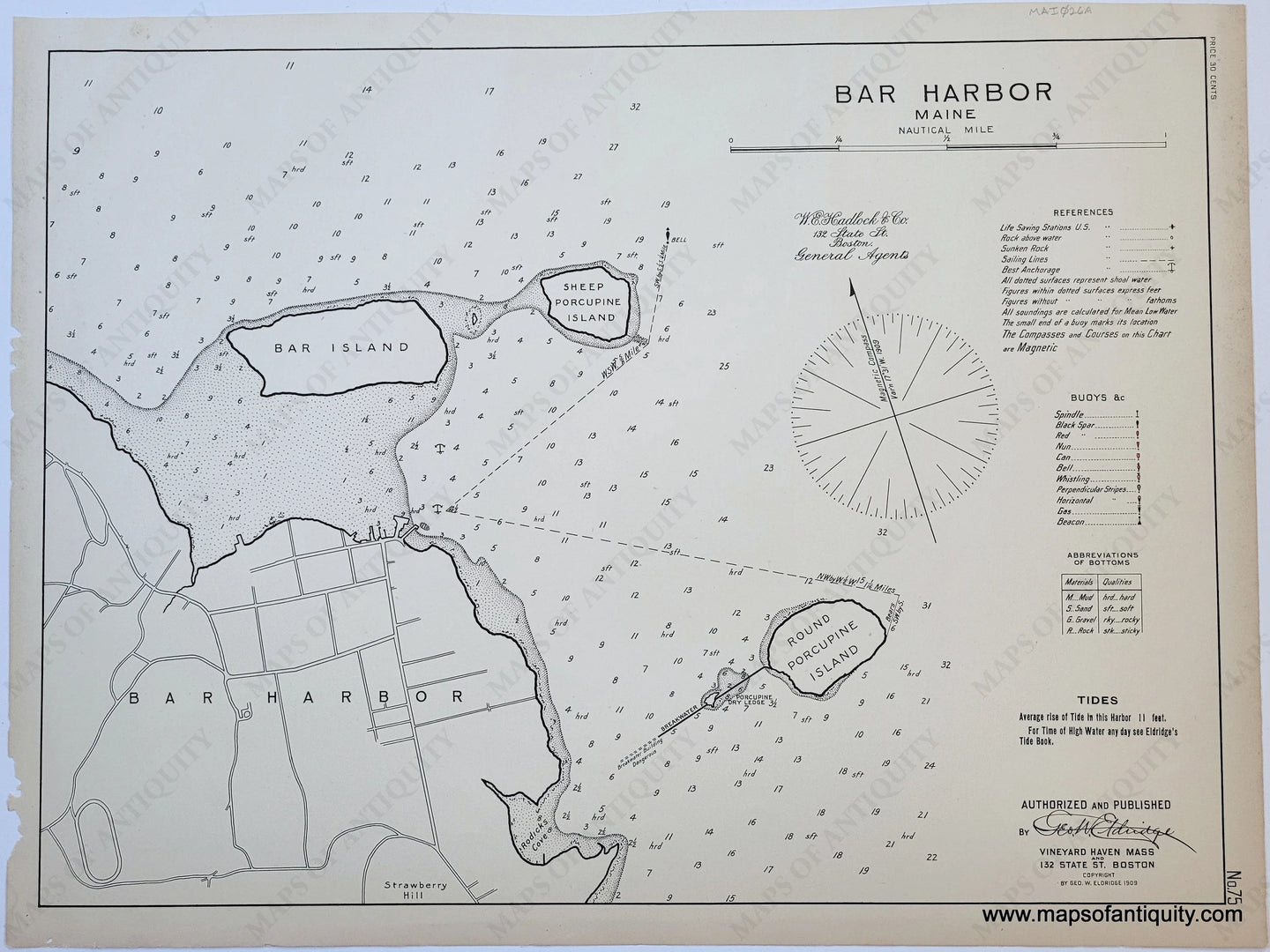 Black-and-White-Antique-Nautical-Chart-Bar-Harbor-Maine--United-States-Northeast-1909-Eldridge-Maps-Of-Antiquity