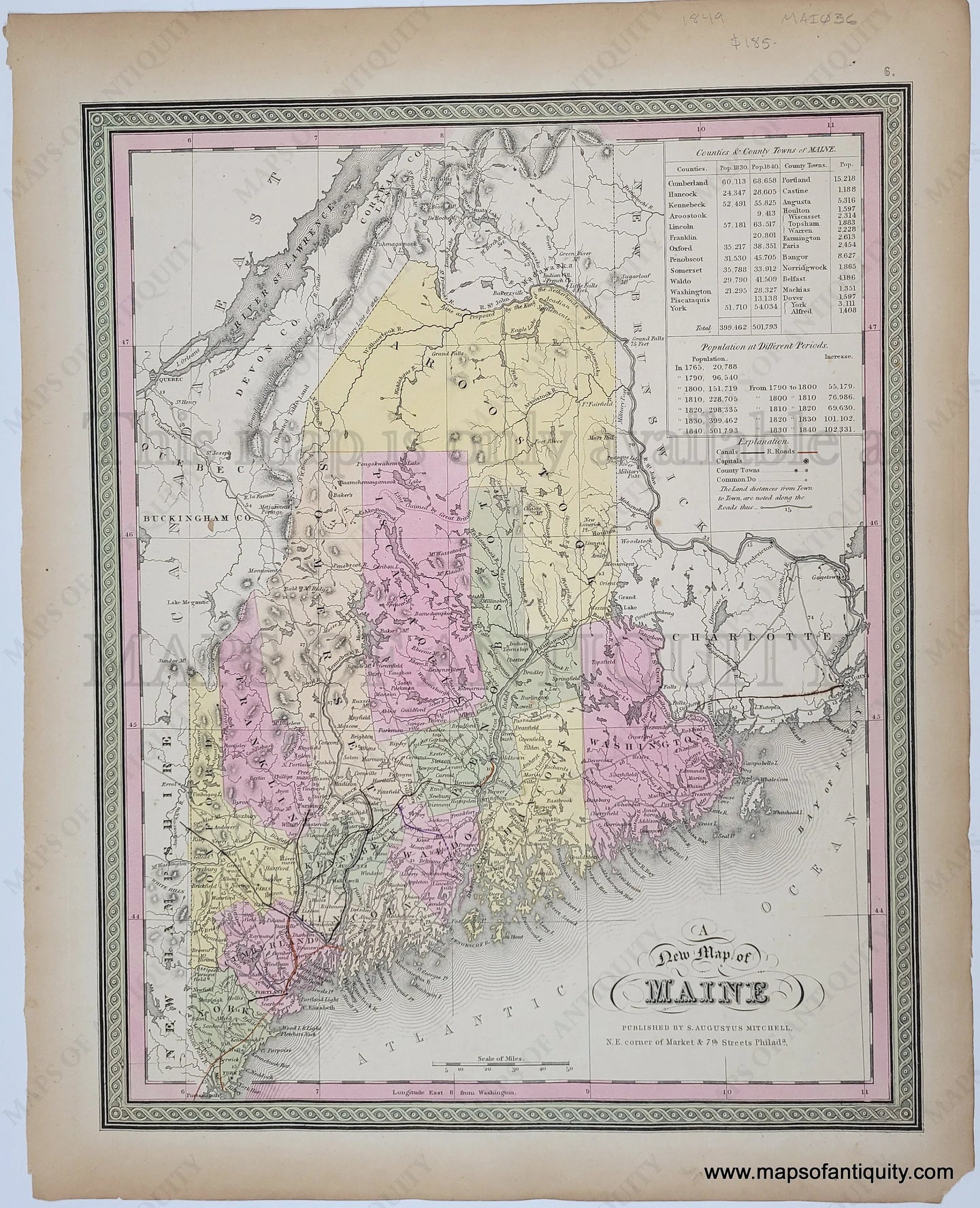 Antique Map with original hand-coloring in tones of green, yellow, peach, and pink. 
Antique-Hand-Colored-Map-A-New-Map-of-Maine--United-States-Northeast-1849-Mitchell-Maps-Of-Antiquity