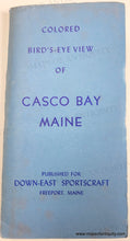 Load image into Gallery viewer, A vintage map 'Bird's Eye View of Casco Bay, Portland, Maine, and Surroundings,' showing illustrated coastlines, islands, and water in pale blue, green, and beige tones, with printed text panels along the bottom.

