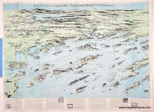 Load image into Gallery viewer, A vintage map 'Bird's Eye View of Casco Bay, Portland, Maine, and Surroundings,' showing illustrated coastlines, islands, and water in pale blue, green, and beige tones, with printed text panels along the bottom.
