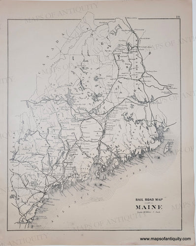 Antique rail road map of Maine on a white background black and white.
