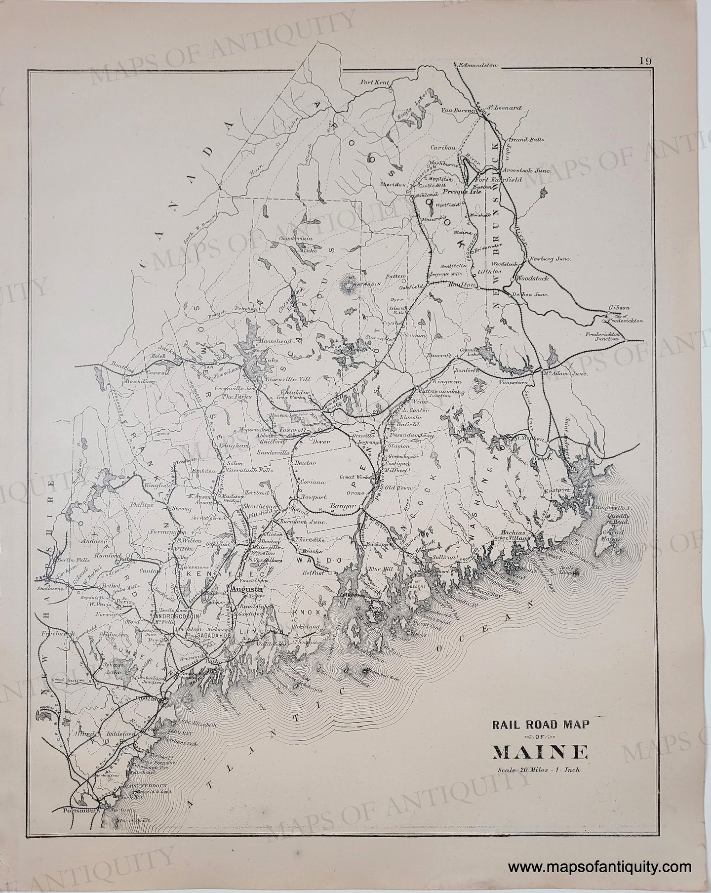 Antique rail road map of Maine on a white background black and white.