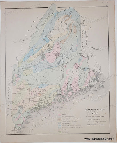 1884 - Geological Map Of Maine Antique Hand-Colored Genuine original colors in blue, green, yellow, brown, pink.