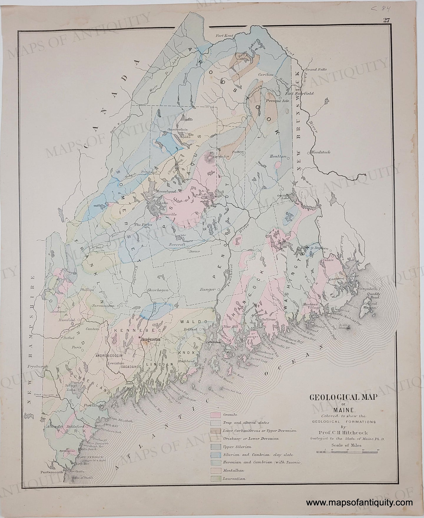 1884 - Geological Map Of Maine Antique Hand-Colored Genuine original colors in blue, green, yellow, brown, pink.