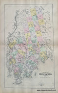 Antique map of Hancock County maine in original hand-colored tones of pink, green, yellow, purple