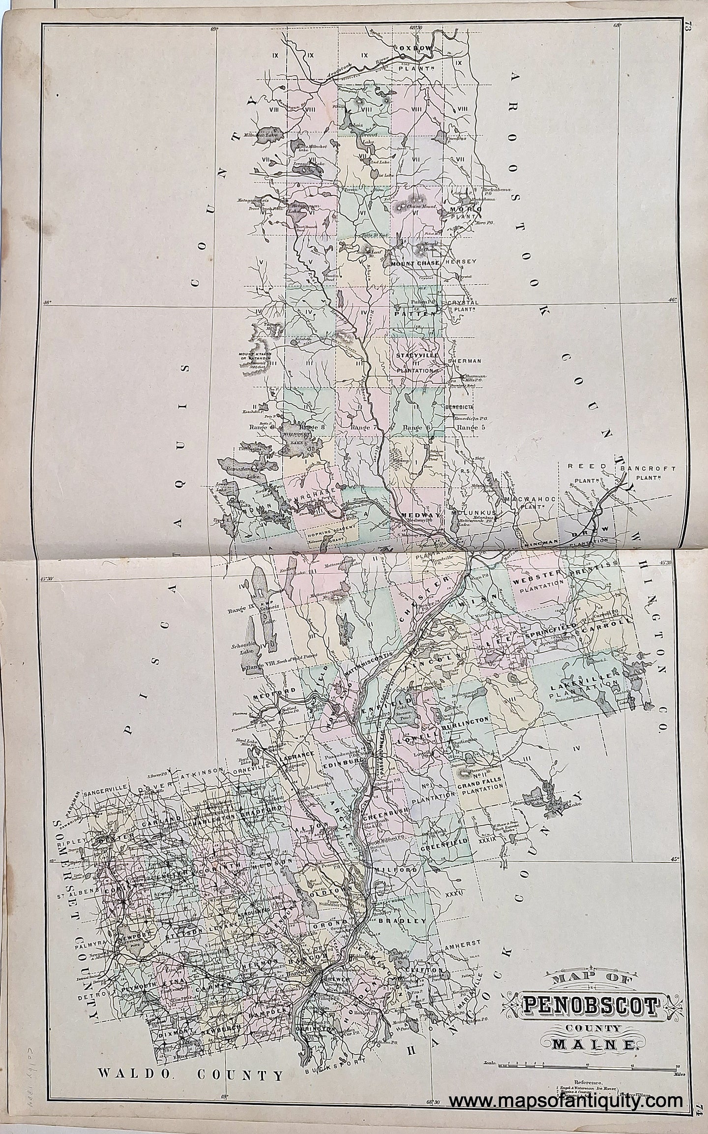 Hand-colored-Antique-Map-Penobscot-County-Maine--United-States-Maine-c.-1884-Stuart/Colby-Maps-Of-Antiquity