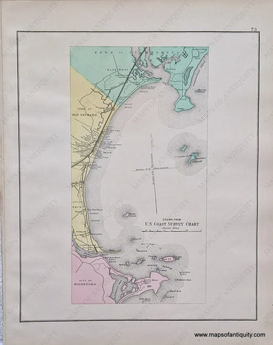 Hand-colored-Antique-Map-Coast-line along Old orchard Beach, Pine Point Beach, Grand Beach, Ferry Beach, Hills Beach, Fletchers Neck, Stratton Island, Prout's Neck-Maine--United-States-Maine-c.-1884-Stuart/Colby-Maps-Of-Antiquity