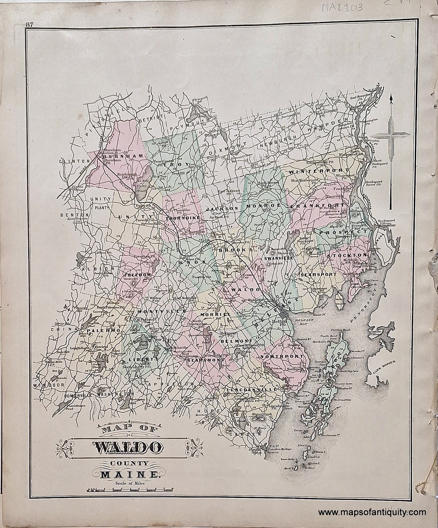 Hand-colored-Antique-Map-Waldo-County-Maine-United-States-Maine-c.-1884-Stuart/Colby-Maps-Of-Antiquity