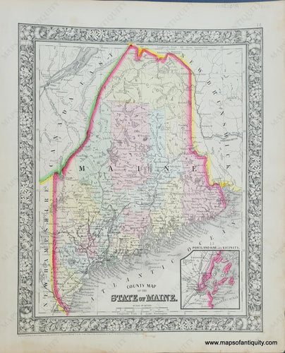 Antique-Hand-Colored-Map-County-Map-of-the-State-of-Maine-United-States-Maine-1860-Mitchell-Maps-Of-Antiquity