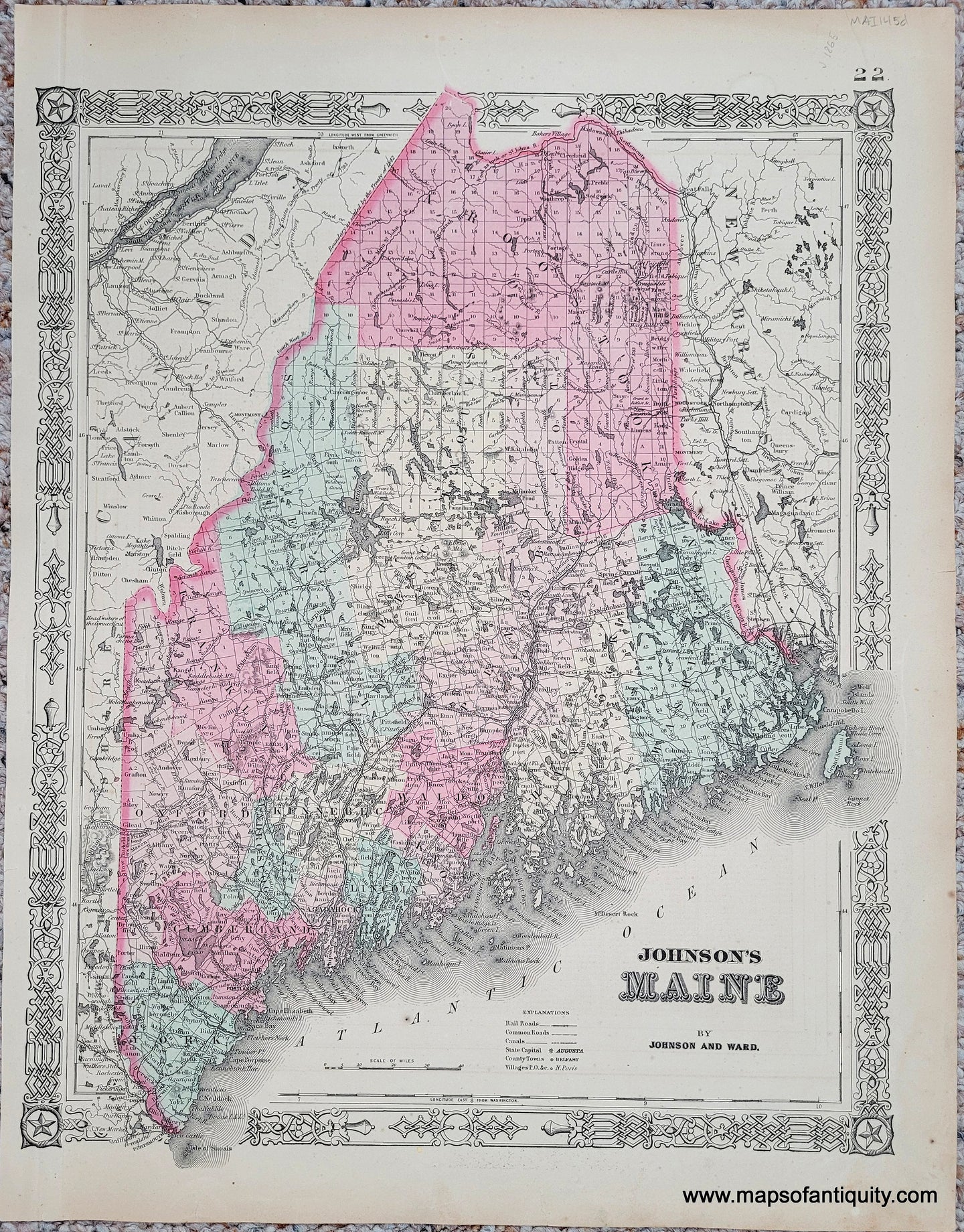 Antique map of Maine, USA, with original hand-coloring in antique pinks, greens, yellows. Colored by county with lines delineating towns.