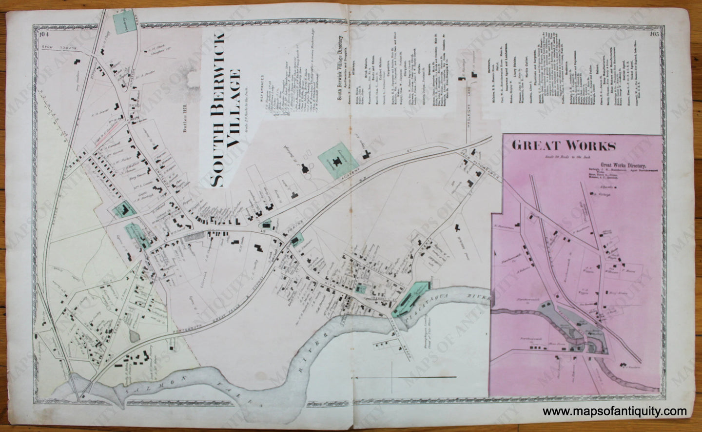 South-Berwick-Village-Great-Works-York-County-Maine-Antique-Map-1872-Sanford-Everts-1870s-1800s-19th-century-Maps-of-Antiquity