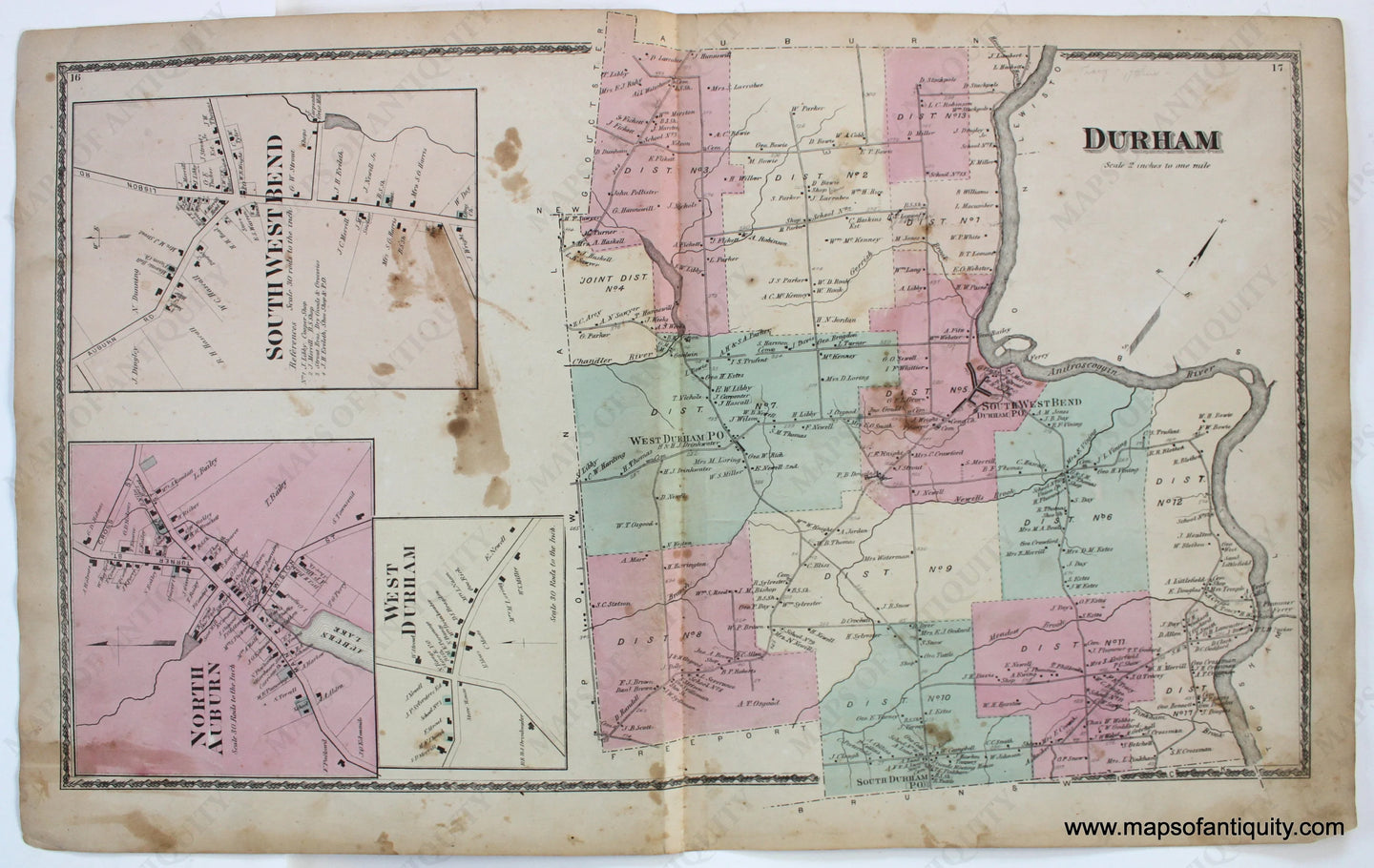 Antique-Map-Durham-North-Auburn-West-Duham-South-West-Bend-Androscoggin-Co.-County-Maine-Town-Towns-Sanford-Everts-1873-1870s-1800s-Mid-Late-19th-Century-Maps-of-Antiquity