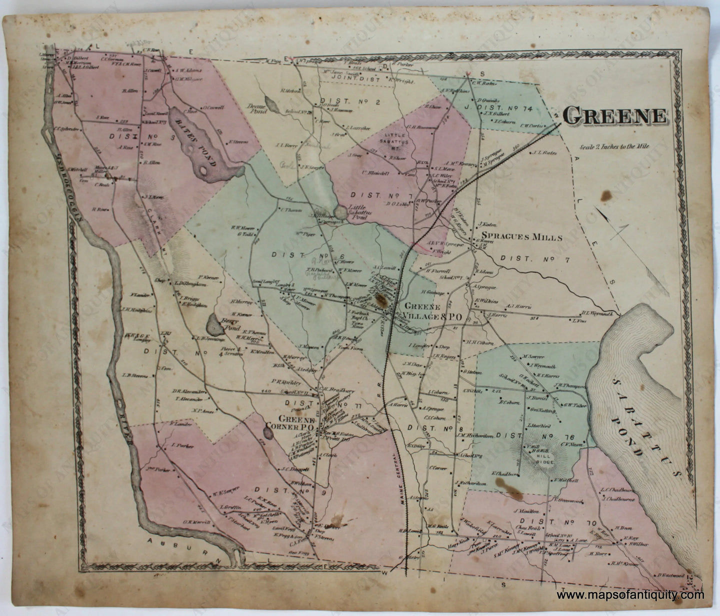 Antique-Map-Greene-Androscoggin-Co.-County-Maine-Town-Towns-Sanford-Everts-1873-1870s-1800s-Mid-Late-19th-Century-Maps-of-Antiquity