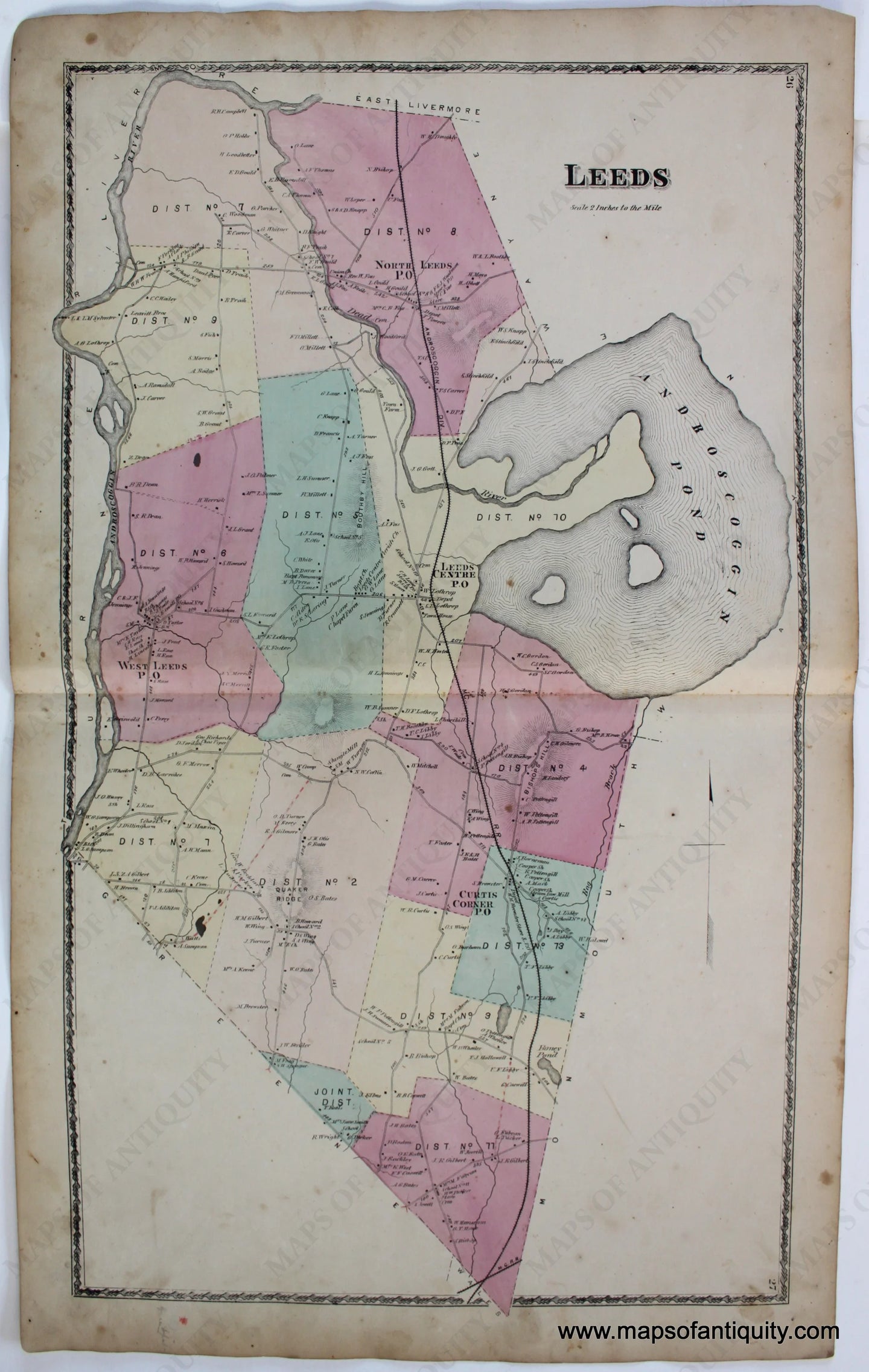 Antique-Map-Leeds-Androscoggin-Co.-County-Maine-Town-Towns-Sanford-Everts-1873-1870s-1800s-Mid-Late-19th-Century-Maps-of-Antiquity