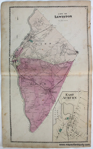 Antique-Map-City-of-Lewiston-East-Auburn-Androscoggin-Co.-County-Maine-Town-Towns-Sanford-Everts-1873-1870s-1800s-Mid-Late-19th-Century-Maps-of-Antiquity