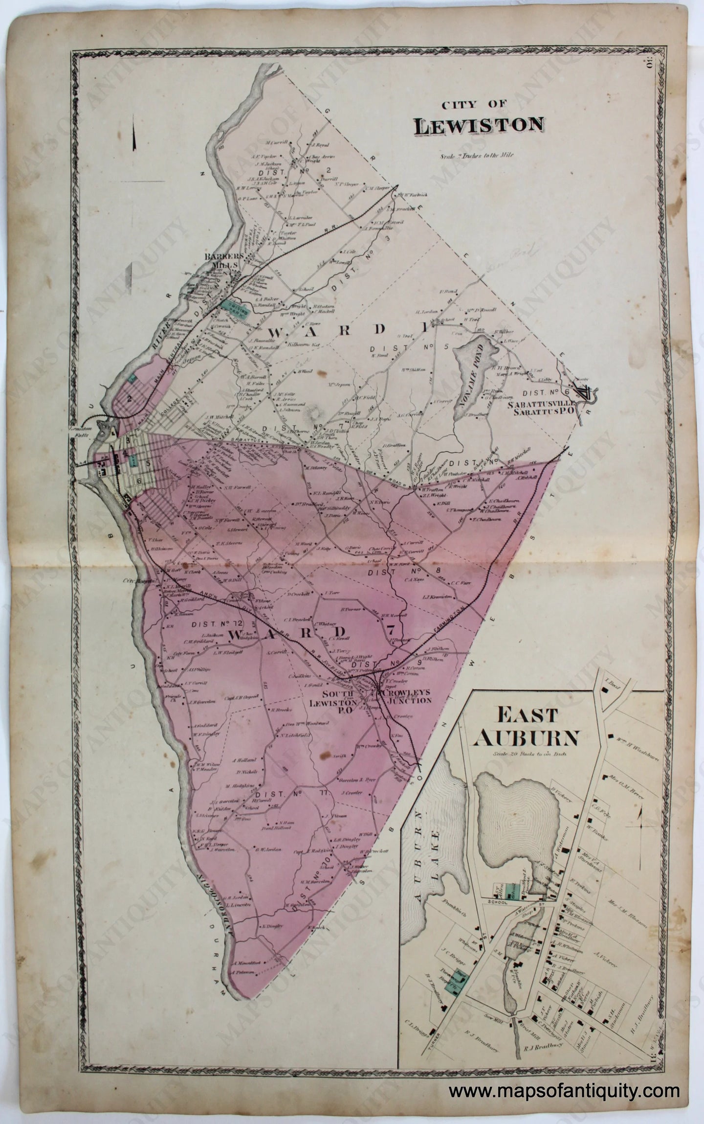 Antique-Map-City-of-Lewiston-East-Auburn-Androscoggin-Co.-County-Maine-Town-Towns-Sanford-Everts-1873-1870s-1800s-Mid-Late-19th-Century-Maps-of-Antiquity