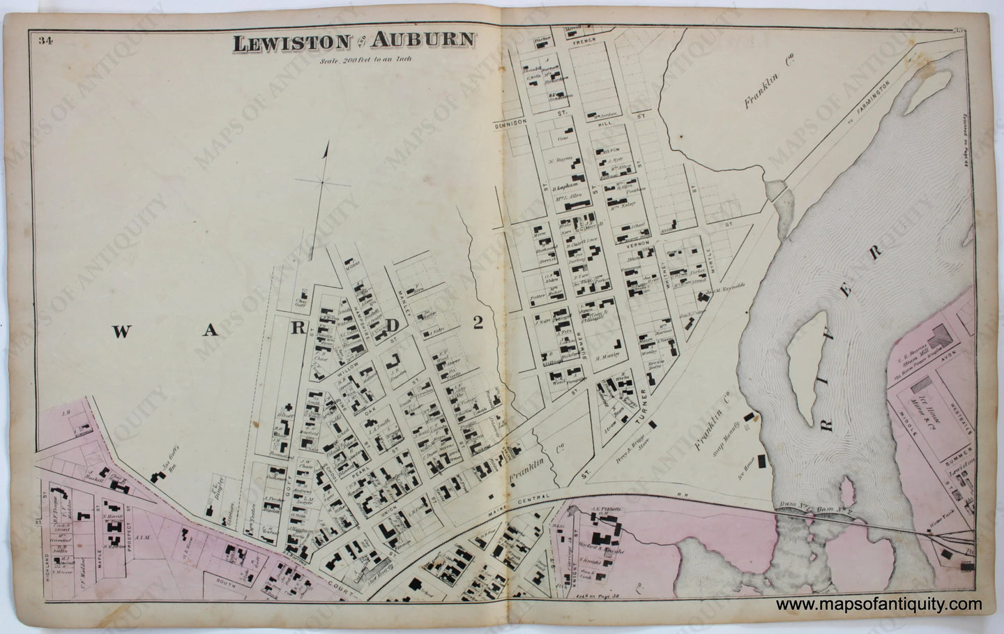 Antique-Map-Lewiston-Auburn-Androscoggin-Co.-County-Maine-Town-Towns-Sanford-Everts-1873-1870s-1800s-Mid-Late-19th-Century-Maps-of-Antiquity