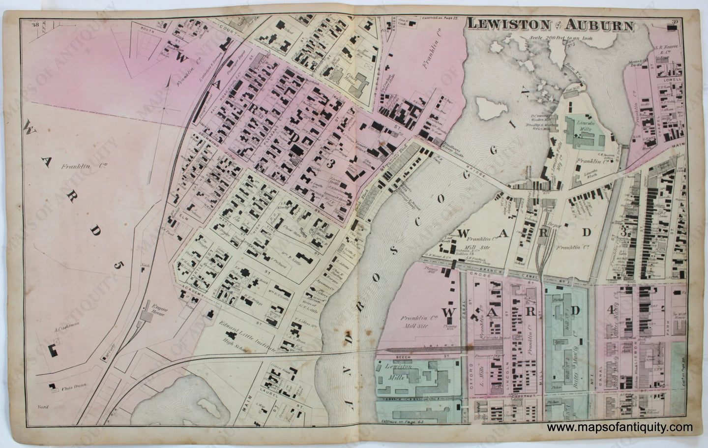 Antique-Map-Lewiston-Auburn-Androscoggin-Co.-County-Maine-Town-Towns-Sanford-Everts-1873-1870s-1800s-Mid-Late-19th-Century-Maps-of-Antiquity