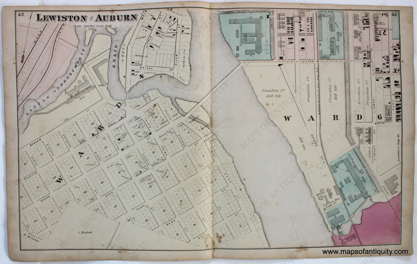 Antique-Map-Lewiston-Auburn-Androscoggin-Co.-County-Maine-Town-Towns-Sanford-Everts-1873-1870s-1800s-Mid-Late-19th-Century-Maps-of-Antiquity