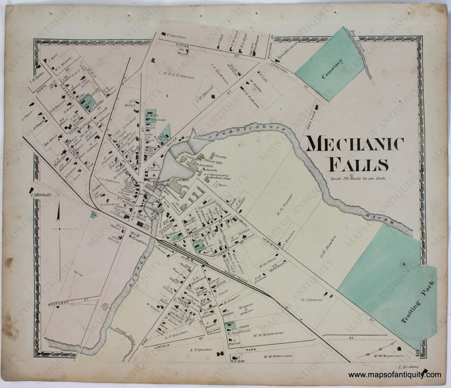 Antique-Map-Mechanic-Falls-Androscoggin-Co.-County-Maine-Town-Towns-Sanford-Everts-1873-1870s-1800s-Mid-Late-19th-Century-Maps-of-Antiquity