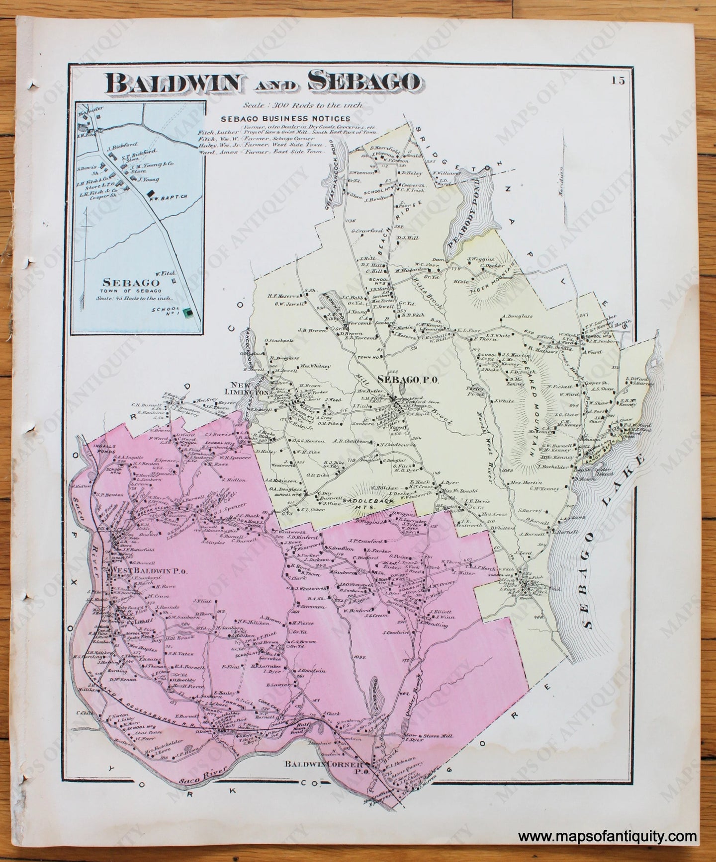 Antique-Map-Town-City-Village-Baldwin-and-Sebago-Cumberland-County-Maine-Beers-1871-1870s-1800s-Mid-Late-19th-Century-Maps-of-Antiquity