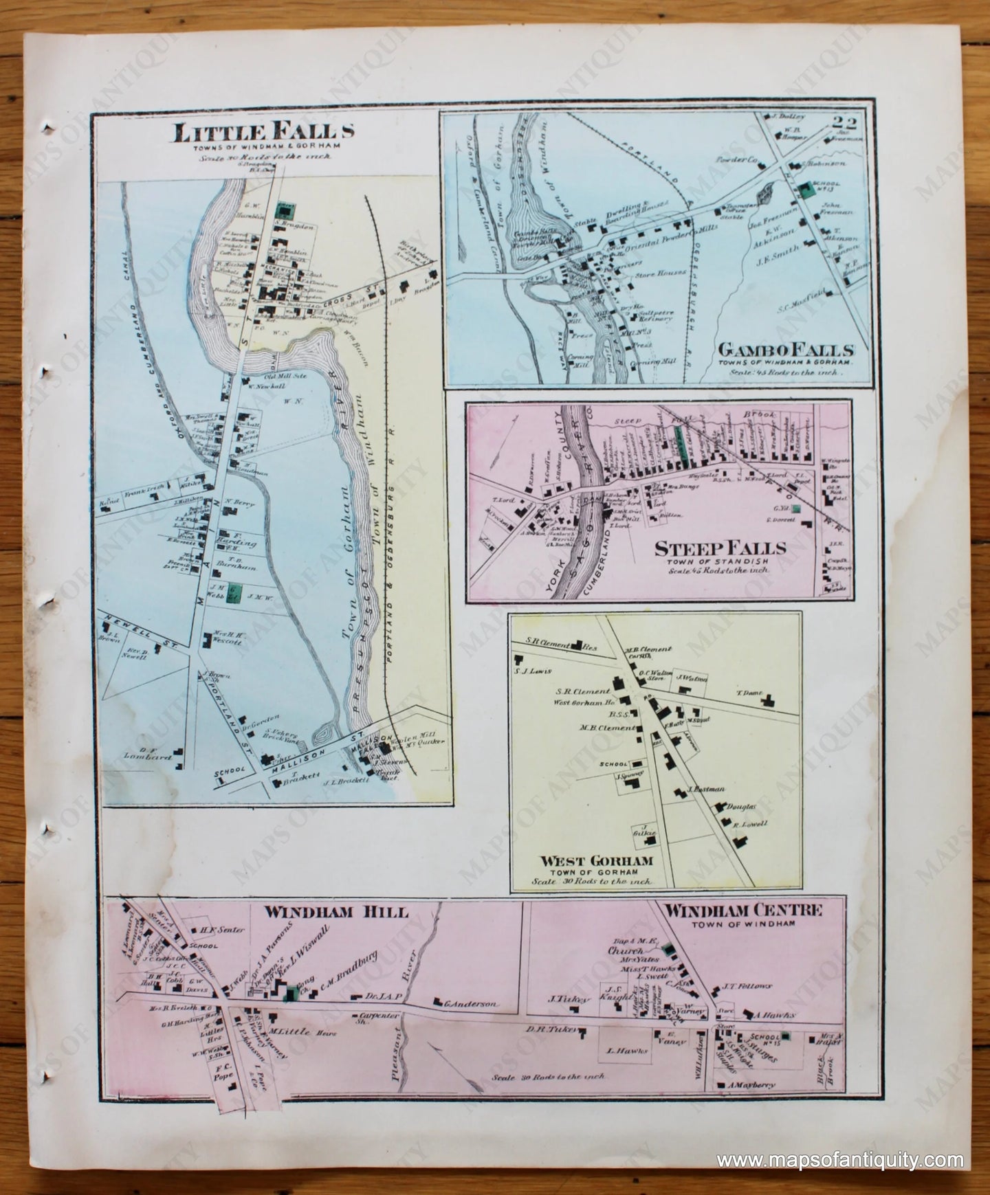 Antique-Map-Town-City-Village-Little-Falls-Gambo-Falls-Steep-Falls-West-Gorham-Windham-Hill-Windham-Centre-Cumberland-County-Maine-Beers-1871-1870s-1800s-Mid-Late-19th-Century-Maps-of-Antiquity