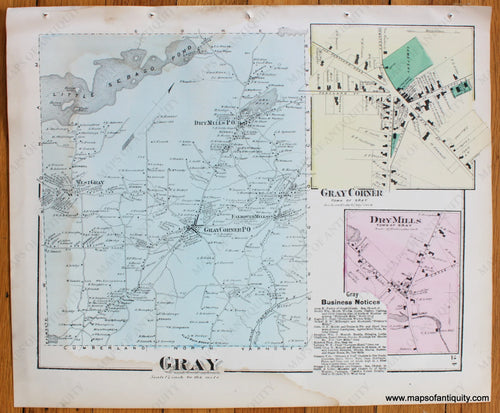 Antique-Map-Town-City-Village-Gray-Cumberland-County-Maine-Beers-1871-1870s-1800s-Mid-Late-19th-Century-Maps-of-Antiquity