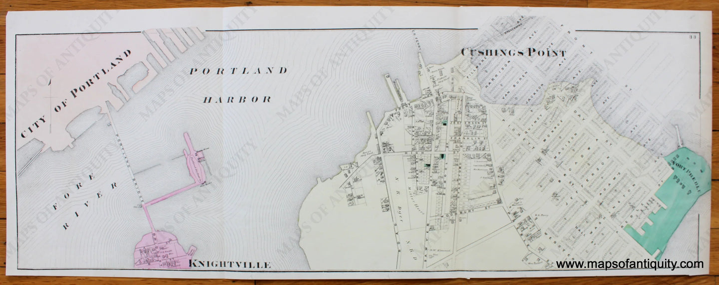 Antique-Map-Town-City-Village-Cushings-Cushing-Point-Knightville-Portland-South-Cumberland-County-Maine-Beers-1871-1870s-1800s-Mid-Late-19th-Century-Maps-of-Antiquity