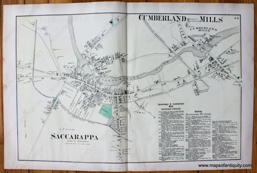 Antique-Map-Town-City-Village-Saccarappa-Cumberland-Mills-Westbrook-Cumberland-County-Maine-Beers-1871-1870s-1800s-Mid-Late-19th-Century-Maps-of-Antiquity