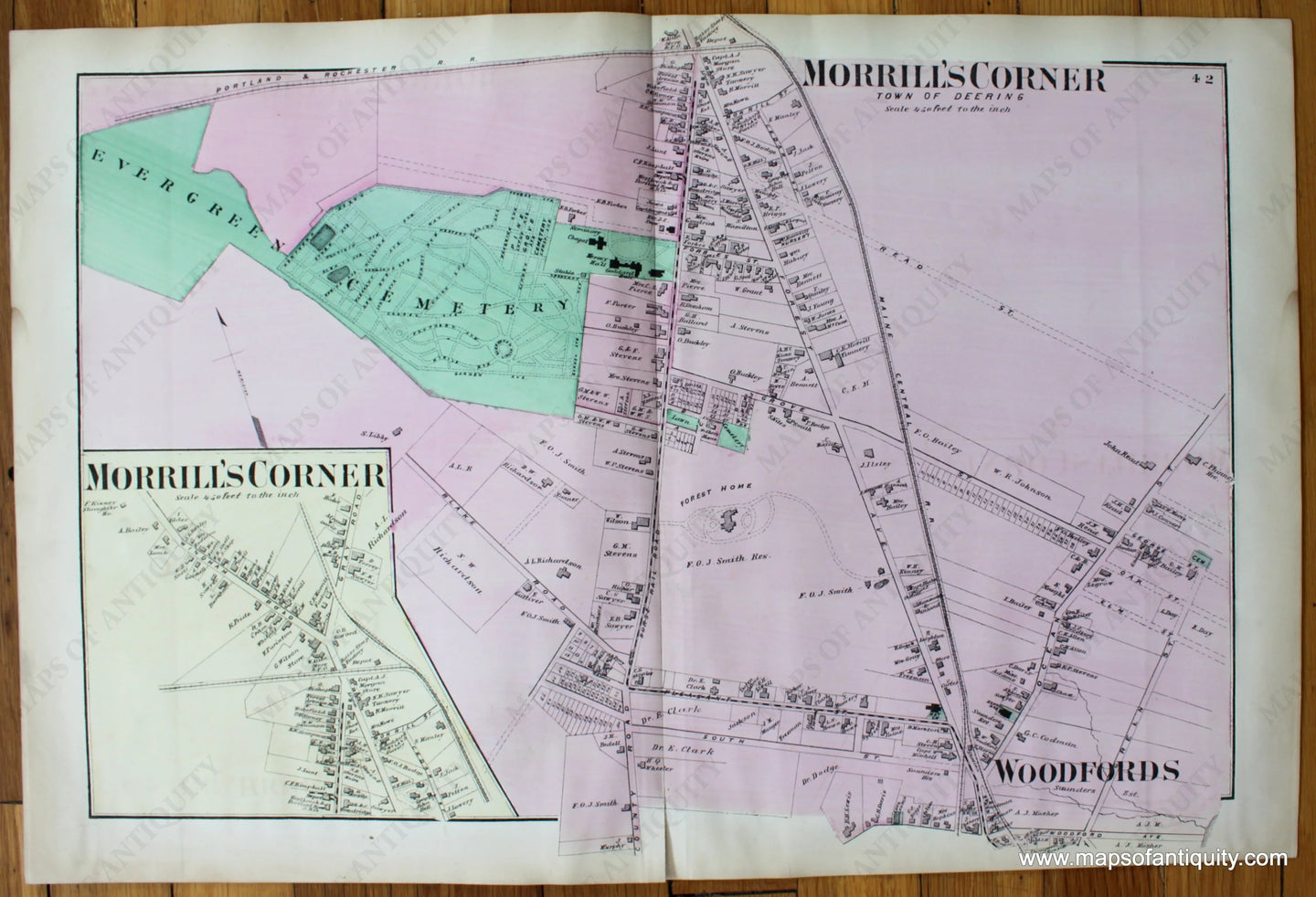 Antique-Map-Town-City-Village-Morrill's-Corner-Woodfords-Deering-Cumberland-County-Maine-Beers-1871-1870s-1800s-Mid-Late-19th-Century-Maps-of-Antiquity