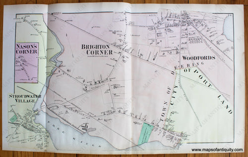 Antique-Map-Town-City-Village-Portland-Nason's-Corner-Stroudwater-Village-Brighton-Corner-Woodfords-Cumberland-County-Maine-Beers-1871-1870s-1800s-Mid-Late-19th-Century-Maps-of-Antiquity