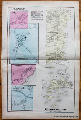 Antique-Map-Town-City-Vilage-Cumberland-Poland-Corners-New-Casco-Falmouth-Presumpscott-Falls-Cumberland-County-Maine-Beers-1871-1870s-1800s-Mid-Late-19th-Century-Maps-of-Antiquity