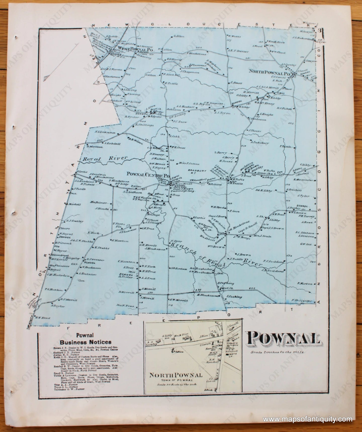 Antique-Map-Town-City-Village-Pownal-North-Cumberland-County-Maine-Beers-1871-1870s-1800s-Mid-Late-19th-Century-Maps-of-Antiquity