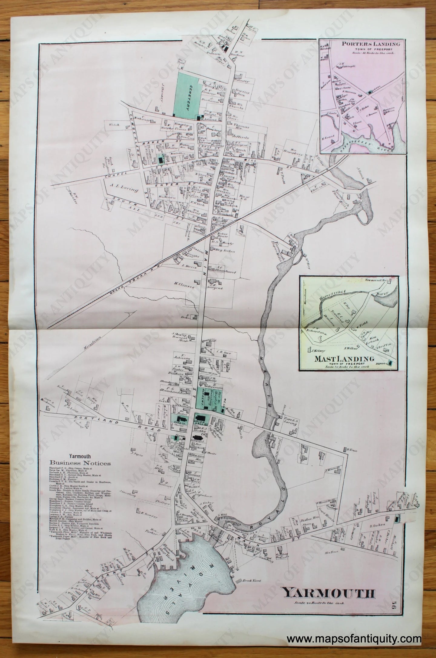 Antique-Map-Town-City-Village-Porters-Landing-Mast-Portion-Partial-Part-Yarmouth-Cumberland-County-Maine-Beers-1871-1870s-1800s-Mid-Late-19th-Century-Maps-of-Antiquity