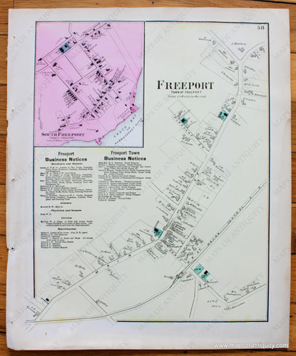 Antique-Map-Town-City-Village-Freeport-South-Portion-Partial-Part-Cumberland-County-Maine-Beers-1871-1870s-1800s-Mid-Late-19th-Century-Maps-of-Antiquity