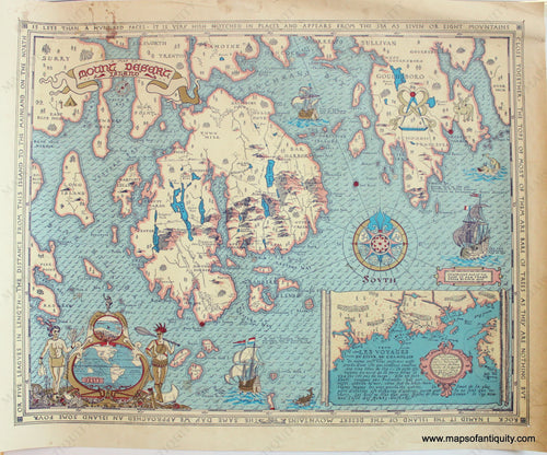 Antique-Printed-Color-Pictorial-Map-A-Map-of-Mount-Desert-Island-1932-L.S.-Phillips-Northeast-Maine-General-1800s-19th-century-Maps-of-Antiquity