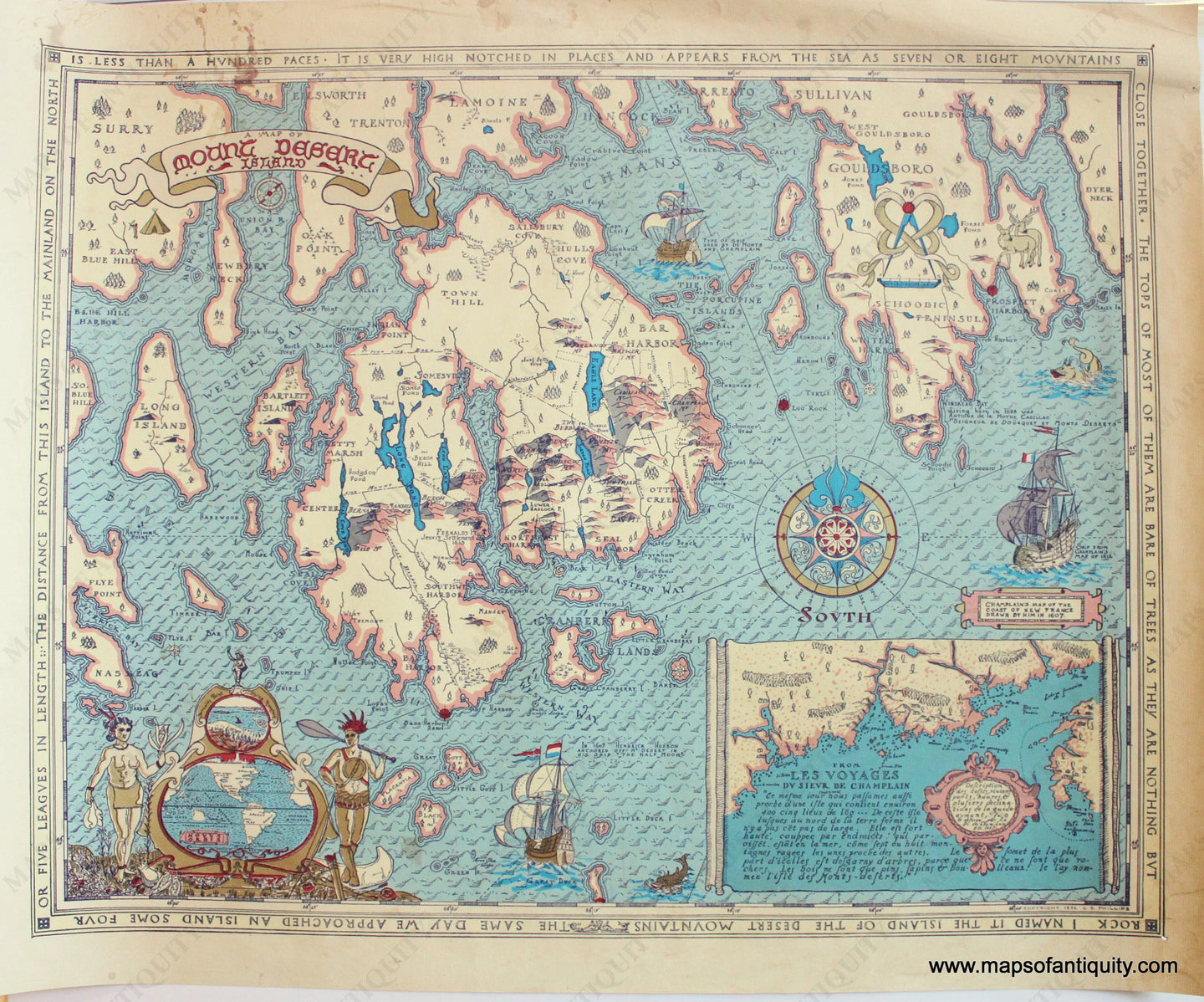 Antique-Printed-Color-Pictorial-Map-A-Map-of-Mount-Desert-Island-1932-L.S.-Phillips-Northeast-Maine-General-1800s-19th-century-Maps-of-Antiquity