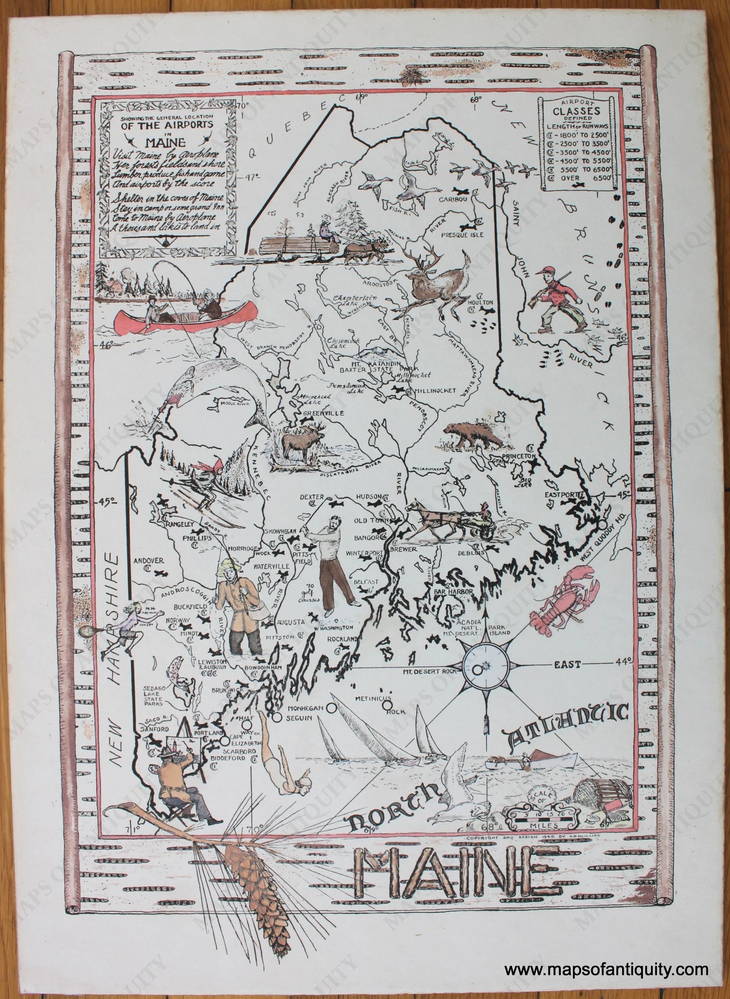 Antique-Pictorial-Map-Maine-1945-A.D.-Phillips-Maine-1900s-20th-century-Maps-of-Antiquity