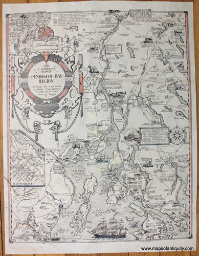 Antique-Pictorial-Map-A-Decorative-Map-of-Penobscot-Bay-Region-Showing-the-tidal-coast-of-Maine-from-Camden-to-Blue-Hill-&-Islesboro-to-Bangor-1940-A.D.-Phillips-Maine-1900s-20th-century-Maps-of-Antiquity