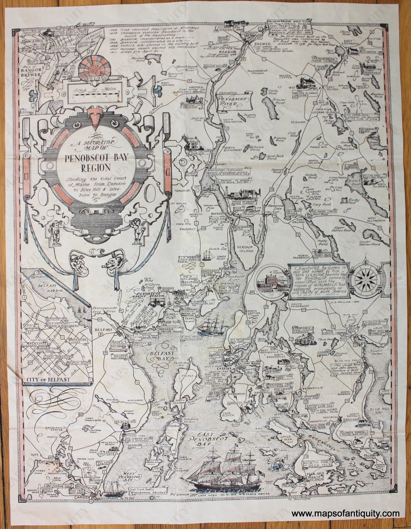 Antique-Pictorial-Map-A-Decorative-Map-of-Penobscot-Bay-Region-Showing-the-tidal-coast-of-Maine-from-Camden-to-Blue-Hill-&-Islesboro-to-Bangor-1940-A.D.-Phillips-Maine-1900s-20th-century-Maps-of-Antiquity
