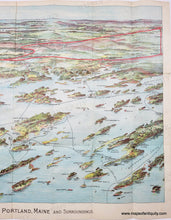 Load image into Gallery viewer, Antique bird's-eye view of part of Casco Bay in Maine with chromolithograph colors in blues, greens, reds, and purples. Red lines show the train routes. Black lines show ferry routes. Portland is on the left side and Mount Washington is in the distance. The islands of Casco Bay are in the foreground.
