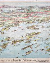 Load image into Gallery viewer, Antique bird's-eye view of part of Casco Bay in Maine with chromolithograph colors in blues, greens, reds, and purples. Red lines show the train routes. Black lines show ferry routes. Portland is on the left side and Mount Washington is in the distance. The islands of Casco Bay are in the foreground.

